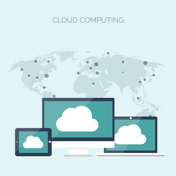 Vector illustration. Flat cloud computing background. Data storage network technology. Multimedia content, web sites hosting. Memory, information transfer. - Vektor, kép