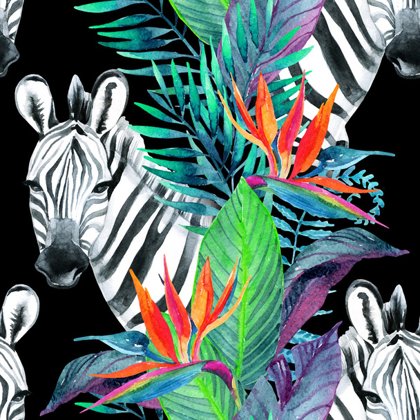 Tropical jungle seamless pattern. Floral design with zebra on white background. - Фото, изображение
