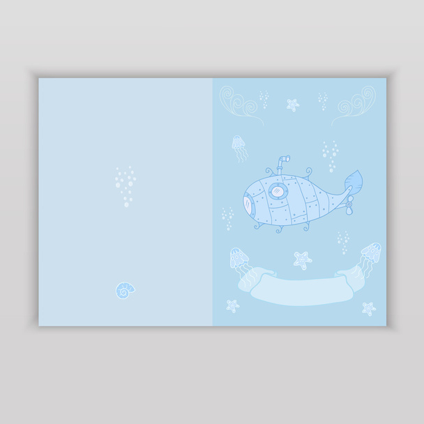 Hand Drawn greeting card with submarine on the ocean. Sweet congratulation card in vector. - Vektori, kuva