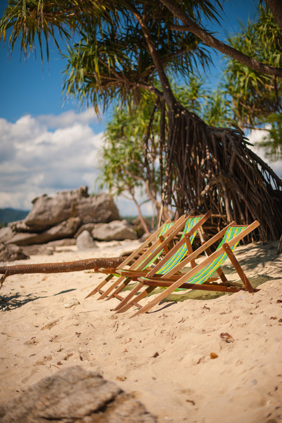 Beach lounge chairs on sandy beach - Photo, Image