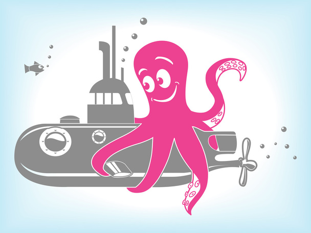 Cartoon octopus and submarine vector illustration - Vector, afbeelding