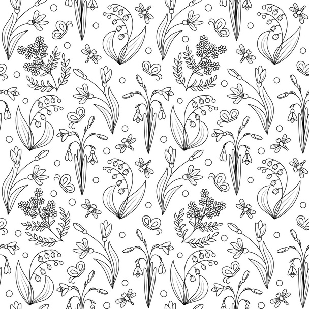 Seamless  pattern with ink hand drawn wild spring plants isolated on white. Vector Flowers pattern. - Wektor, obraz