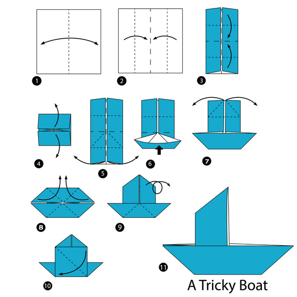 トリッキーなボート折り紙を作る方法を手順を追って説明. - ベクター画像