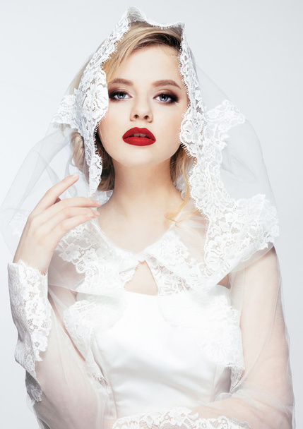 Portrait of Beautiful Young Fashion  Bride Isolated on White Background. - Zdjęcie, obraz