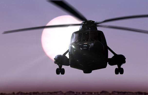 Helicóptero volando con luz solar de fondo
 - Foto, Imagen