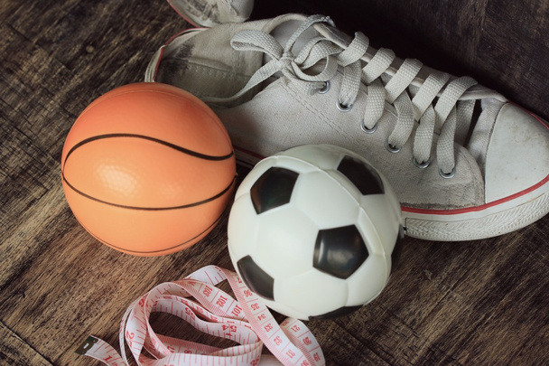 sneakers and football basketball - Photo, Image