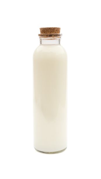 μπουκάλι γάλα με ξύλο βύσμα σε λευκό με διαδρομή αποκοπής - Φωτογραφία, εικόνα