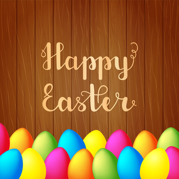 Easter poster with colorful eggs on wood background. vector illustration - Vector, imagen