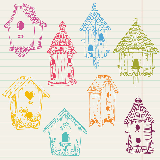 Cute Bird House Doodles - hand drawn in vector - for design - Vektor, Bild