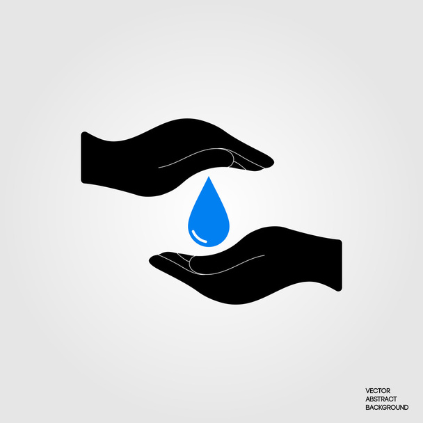 Mãos e uma gota de água. Poupa água. Protecção do ambiente. Blue Drop. Humanidade armazena água
 - Vetor, Imagem