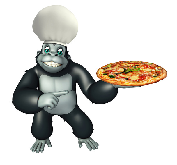 Bonito Gorila personagem de desenho animado com pizza
 - Foto, Imagem