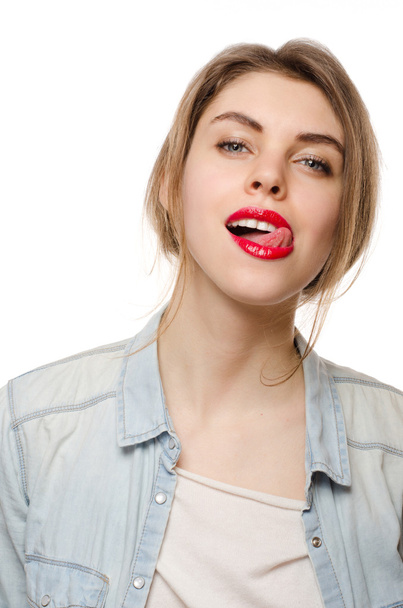 Beautiful stylish young woman with red lips - 写真・画像
