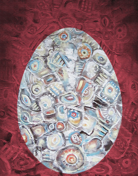 Ακρυλική αφηρημένη ζωγραφική. Οβάλ αντικείμενο σε σχήμα ένα αυγό σε κόκκινο φόντο. Θέμα του Πάσχα. - Φωτογραφία, εικόνα