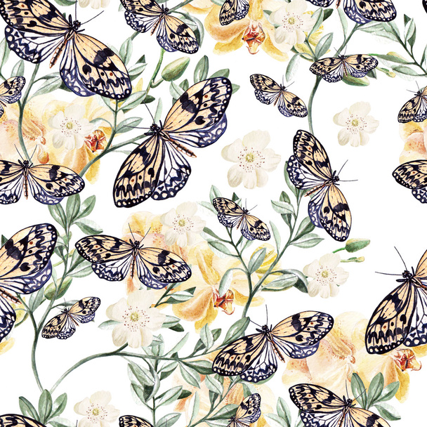 Watercolor pattern with  orchids, plants and butterflies. - Φωτογραφία, εικόνα