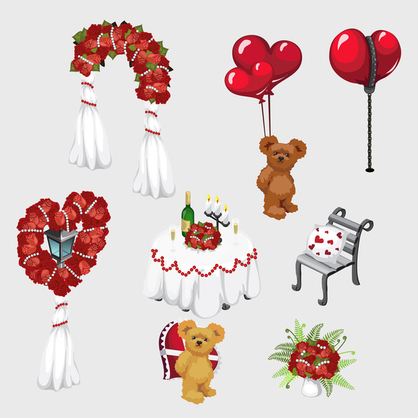 Elementos de decoração de casamento, rosas e ursinho de pelúcia
 - Vetor, Imagem