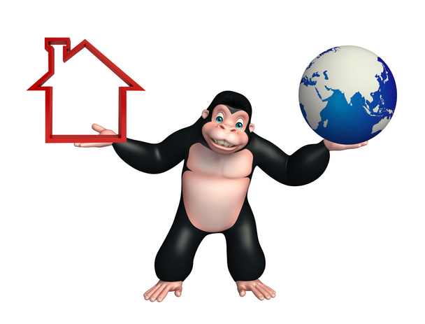 cute goryl kreskówka z domu znak i ziemi - Zdjęcie, obraz