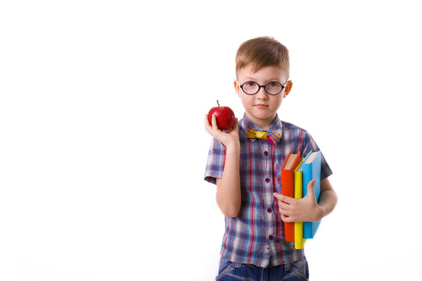 χαριτωμένο αγόρι πέντε ετών με βιβλία και μήλου - Φωτογραφία, εικόνα