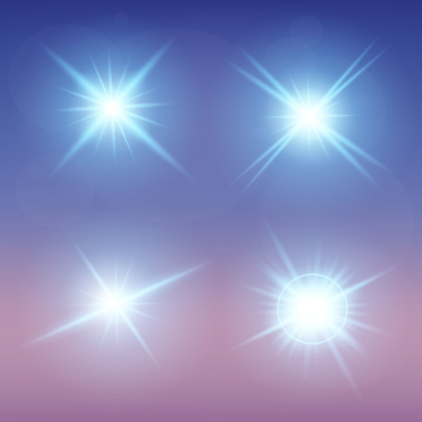 Concepto creativo Conjunto vectorial de estrellas con efecto de luz brillante estalla con destellos aislados sobre fondo negro
. - Vector, imagen