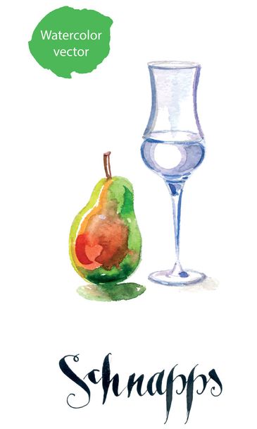Schnapps glass filled with clear liquid and pear - Vector, Image