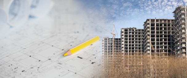 Collage with construction plans and a modern building - Foto, immagini