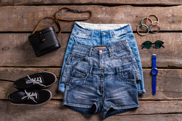 Ladys denim shorts and accessories. - Photo, Image