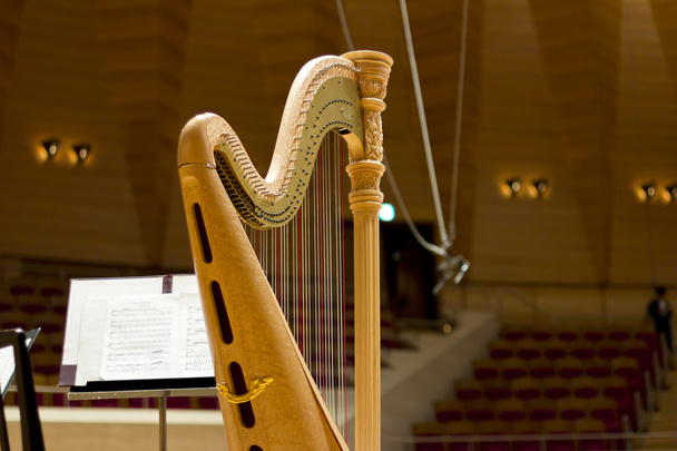 Harpa em uma grande sala de concertos. Instrumento música.A harpa de concerto
 - Foto, Imagem
