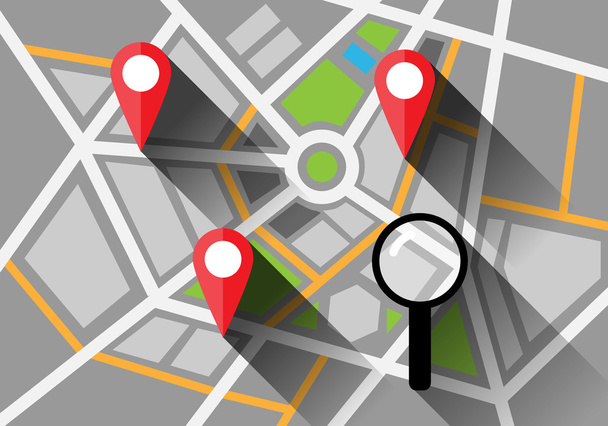 Χάρτης της πόλης με κόκκινο pin και Μεγεθυντικός φακός επίπεδη σχεδίαση - Διάνυσμα, εικόνα