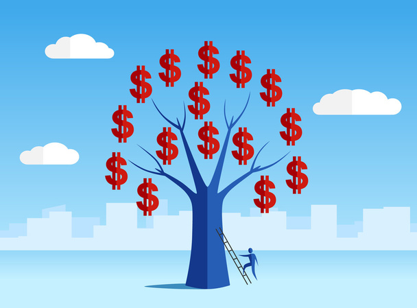 Money tree and human on ladder illustration, symbol of success in business - Vector, Image