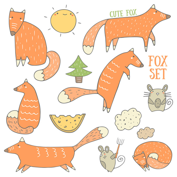 Cute foxes and forest objects collection - Vector, Image