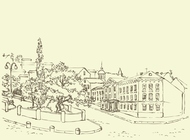 Paysage urbain vectoriel. Avenue du parc et vieux bâtiments de la ville
 - Vecteur, image