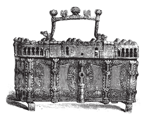 Caja del siglo XIV, de hierro, adornada con cuero dorado
 - Vector, imagen