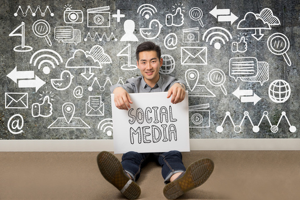 Young businessman present social media communication concept - 写真・画像