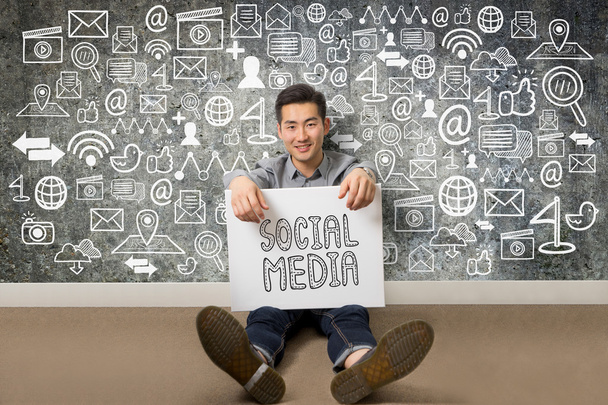 Young businessman present social media communication concept - 写真・画像