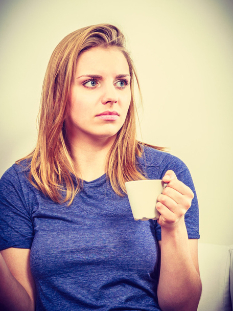 Woman girl drinking cup of coffee. - Fotoğraf, Görsel