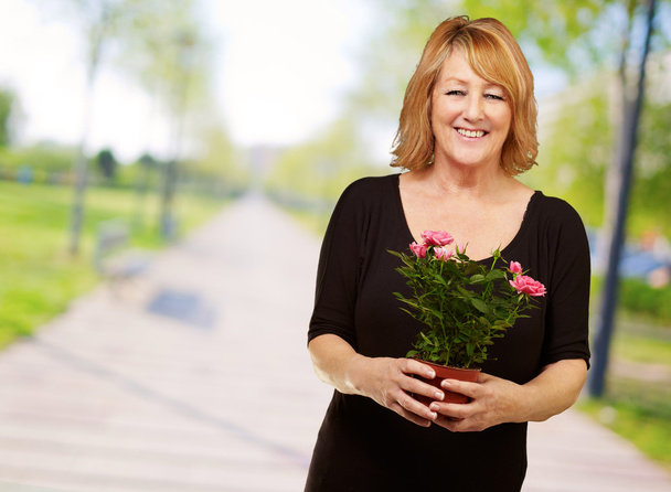 středního věku žena drží květináč na park - Fotografie, Obrázek