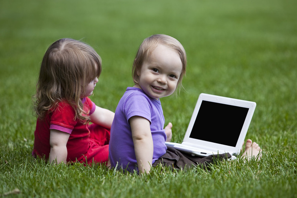 baby's met zittend op de weide-laptops - Foto, afbeelding