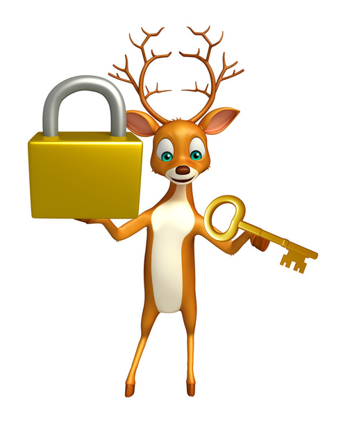 cute Deer cartoon character with lock and key - Photo, Image