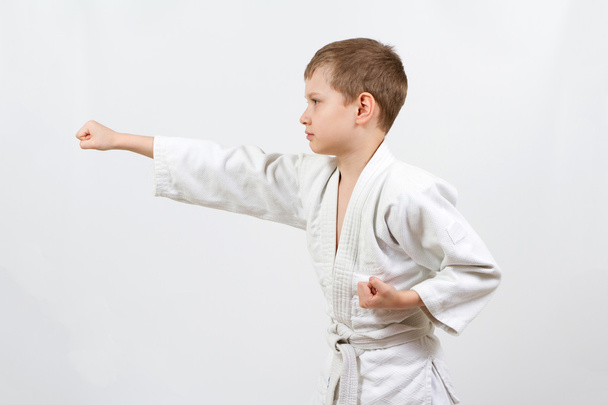 Karate boy in white kimono fighting - Photo, Image