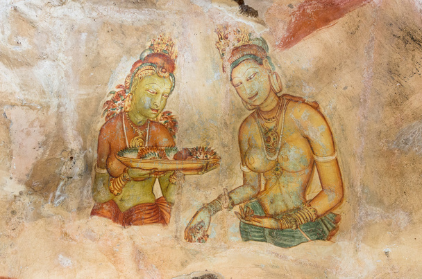 fresco's op spiegel muur van de burcht op Sigiriya rots Fort, Sri Lanka. - Foto, afbeelding