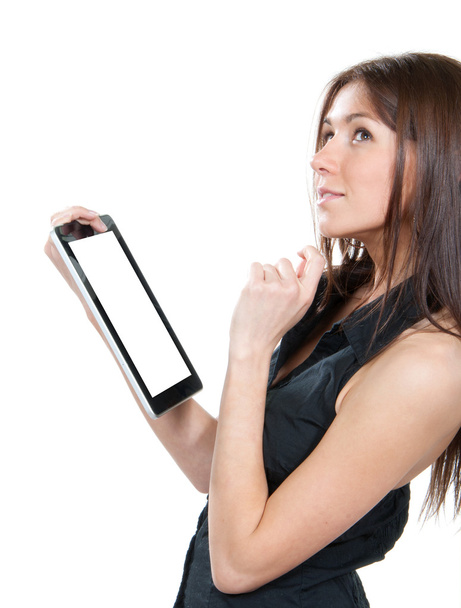 Woman holding in hand new electronic tablet touch pad - Foto, Bild