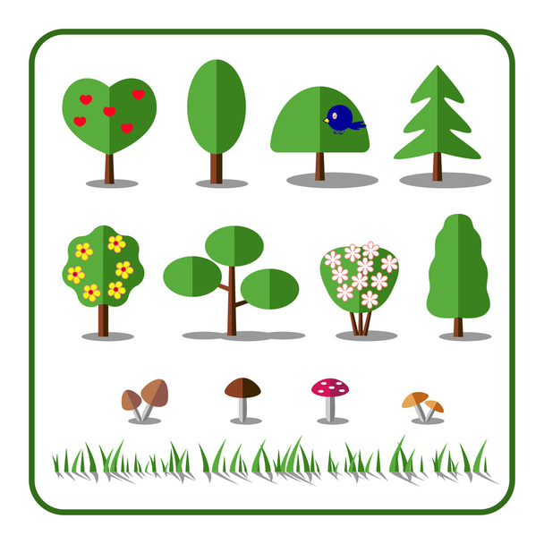 キノコと草で設定された木のアイコン - ベクター画像