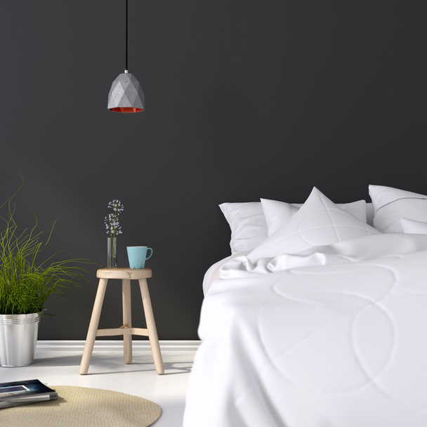 Camera da letto con sgabello in legno e lampada in cemento
  - Foto, immagini