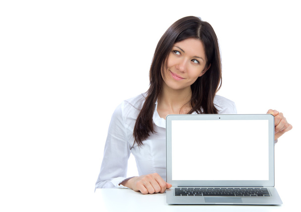 Business woman with new modern popular laptop keyboard - Photo, image
