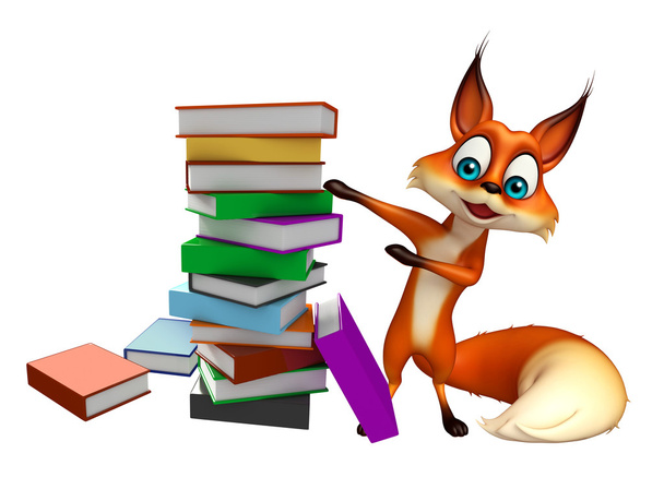 fun Fox cartoon character with book stack - Photo, Image