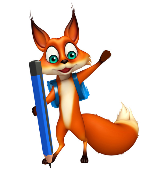 веселый персонаж мультфильма Fox со школьной сумкой и карандашом
 - Фото, изображение
