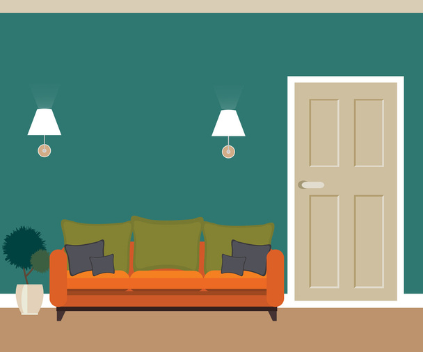 obývací pokoj s dveřmi a pohovkou - Vektor, obrázek