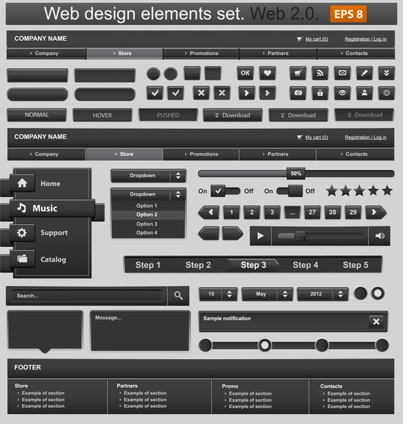 Black web design elements set. Vector illustration - Vetor, Imagem