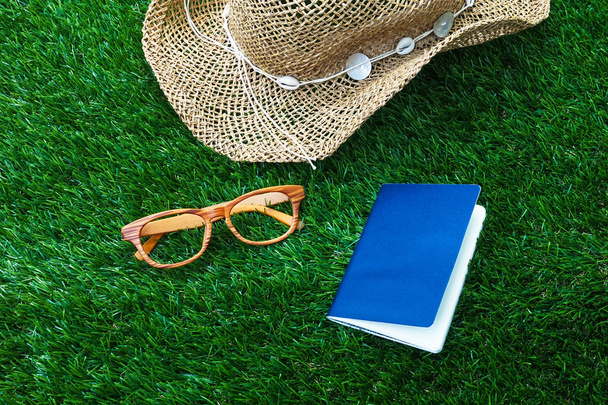 Beach hat ,Passport and vintage glasses on green grass - Zdjęcie, obraz