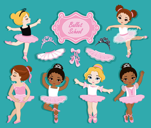 Vector illustration of cute little ballerinas. Ballet Slippers. Clip art cute characters, pink tutus, ballet shoes. - Vector, Image