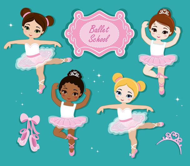 Illustrazione vettoriale di piccole ballerine carine. Pantofole da ballo. Clip art personaggi carini, tutù rosa, scarpe da ballo
. - Vettoriali, immagini